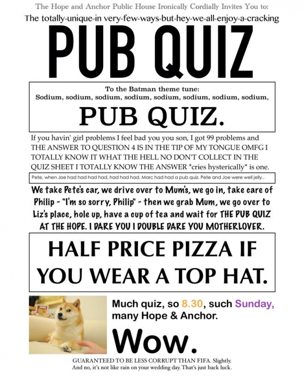 Hope and Anchor Quiz every Sunday evening - 22 January 2017