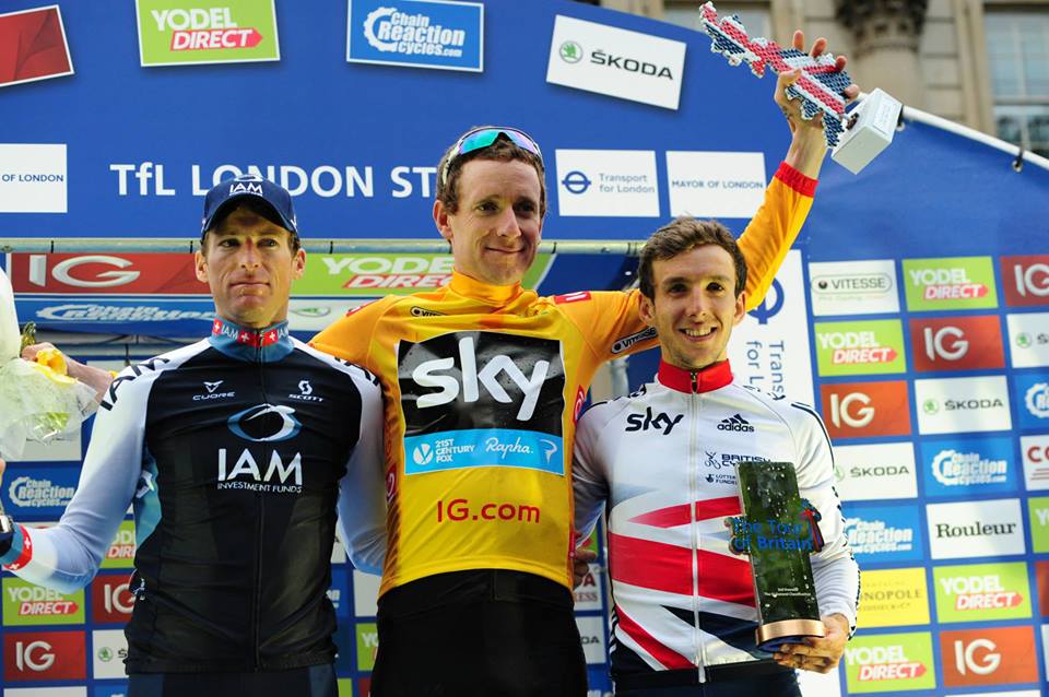 Sir Bradley Wiggins won the 2013 Tour ahead of Martin Elmiger (left) and Simon Yates (right)