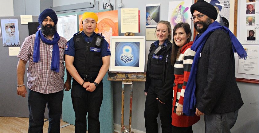 Chaz Singh (organizer of exhibition), Hung Truong & Emily Gumbrell (PCSOs Avon and Somerset Police, Jill Griffin (Artist- with her art work in the centre), Dilawer Singh Potiwal (organiser of event); credit Hawk-Eye Photography)