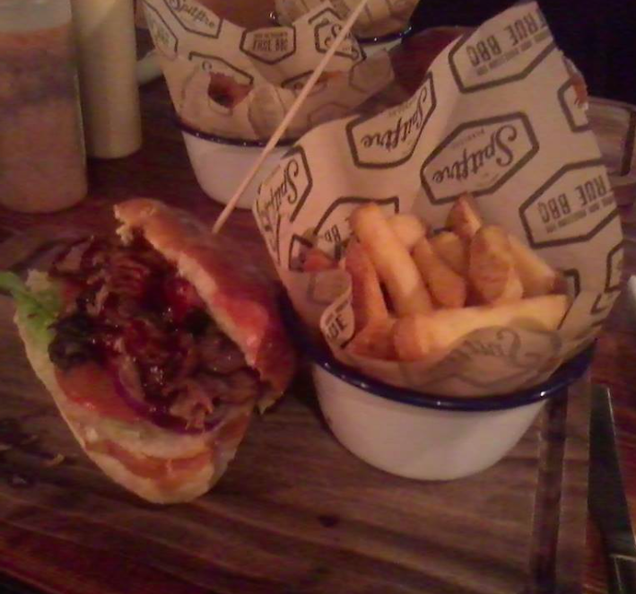 Pulled Pork Sandwich and Skin-on Chips at Spitfire Barbecue in Bristol