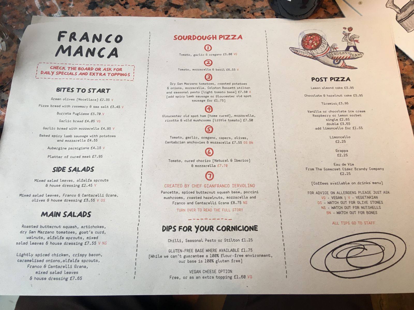 The menu at Franco Manca.