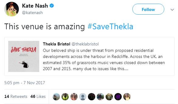 Indie-pop singer Kate Nash, who has performed in Bristol numerous times, tweeted her support