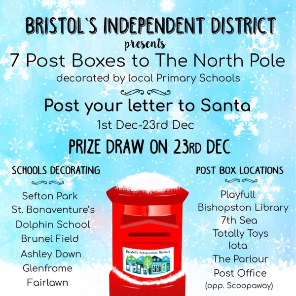 7 Post Boxes on Gloucester Rd Decorated by Bristol Primary Schools this Christmas