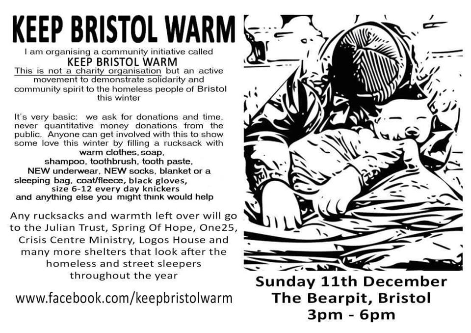 Keep Bristol Warm - Community event in aid of the homeless on Sunday December 11th 2016