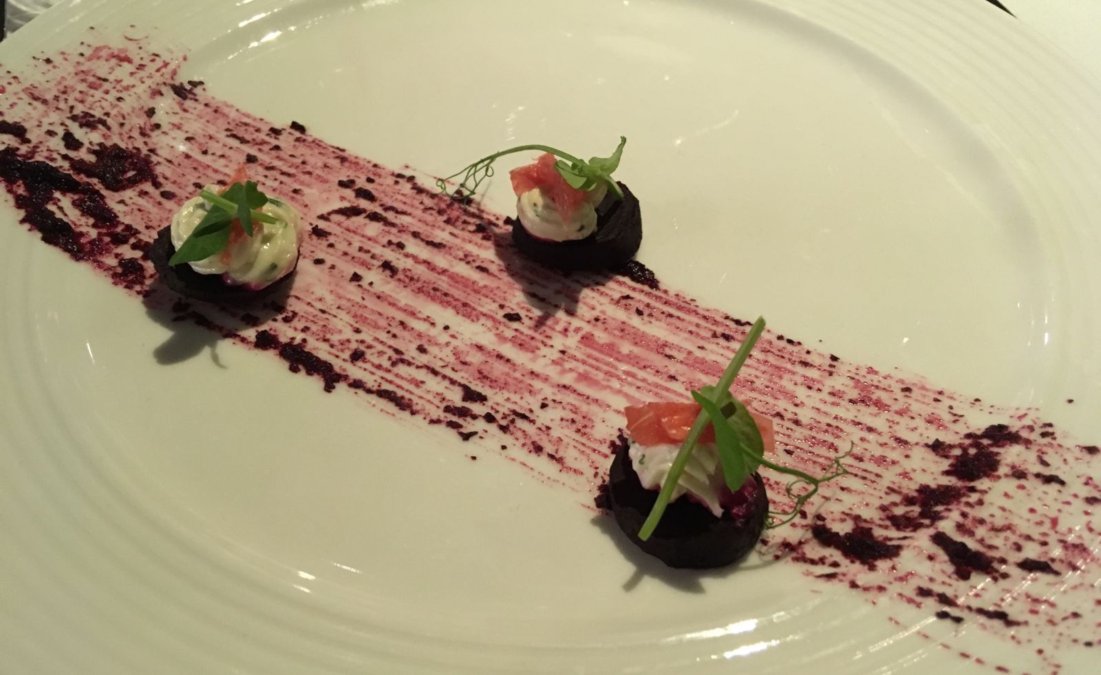 Caramelised beetroot with whipped goats cheese at Aqua Bristol.