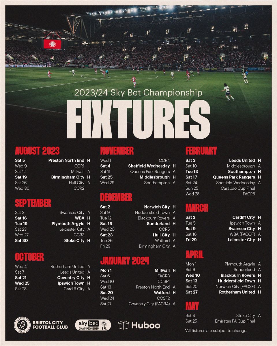 2023/24 Championship fixtures announced - Bristol City FC