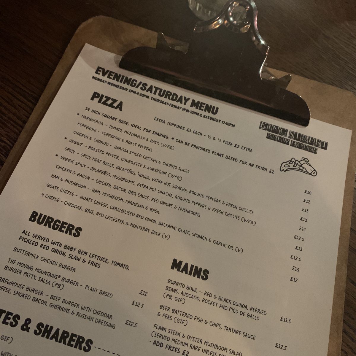 The King Street Brew House’s pizza menu