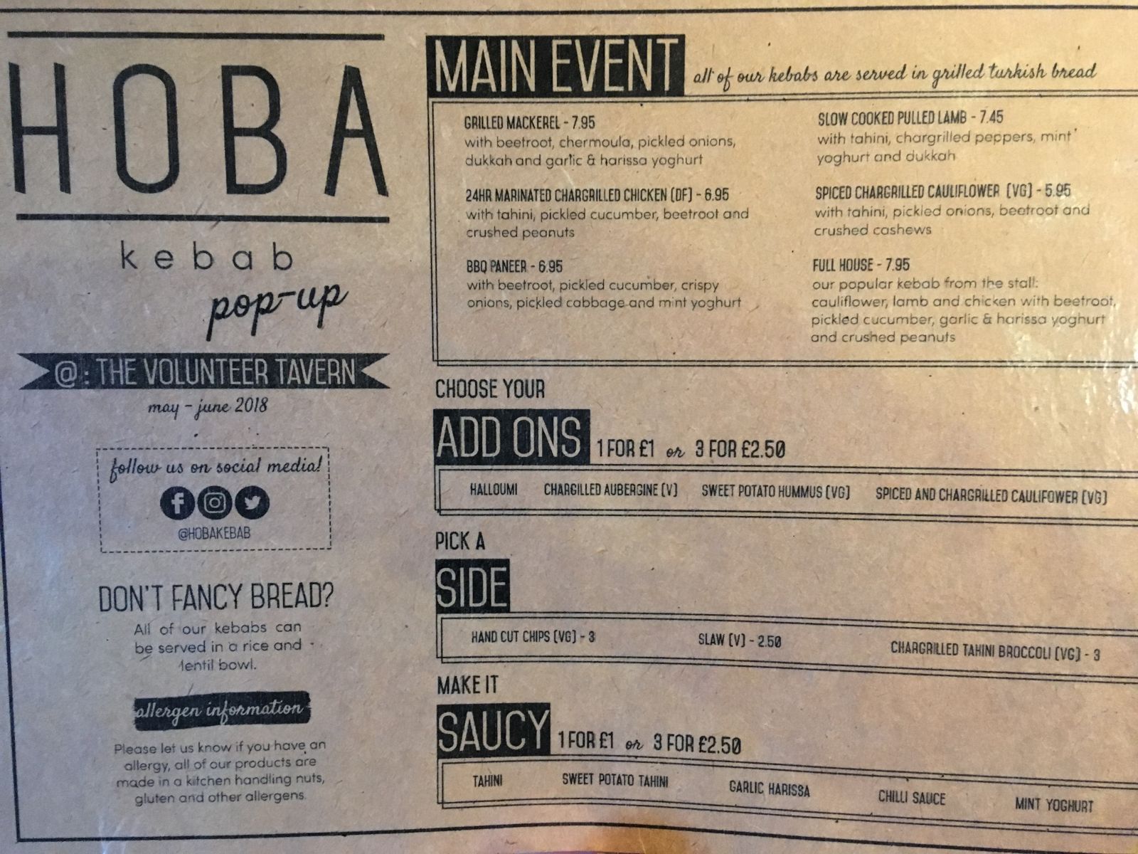 The menu at Hoba Kebab.