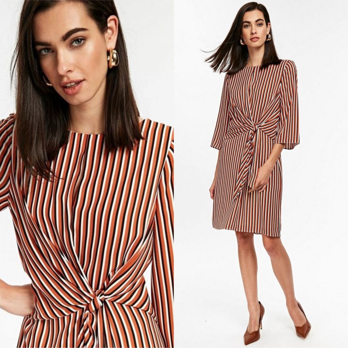 Rust Striped Knot Front Shift Dress