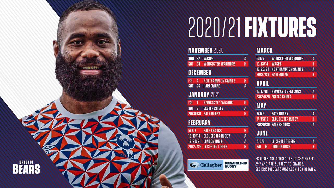 Bristol Bears' 2020/21 Premiership fixture list.