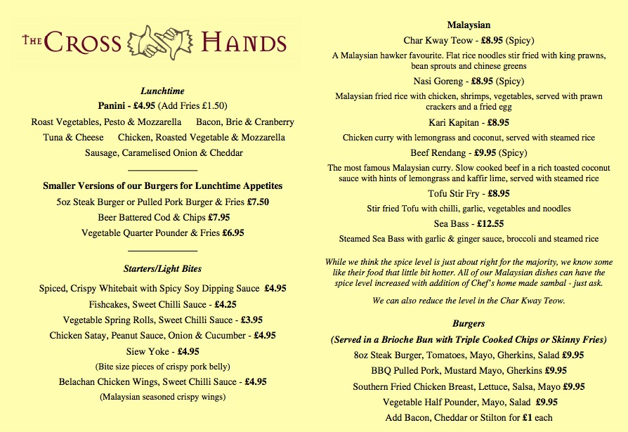 The Cross Hands in Fishponds menu