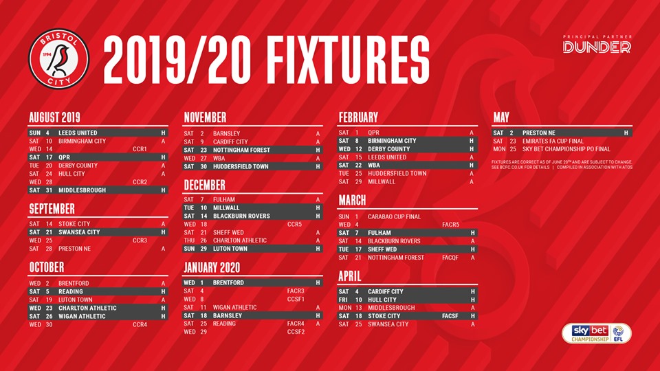 Bristol City 2019/20 fixture list.