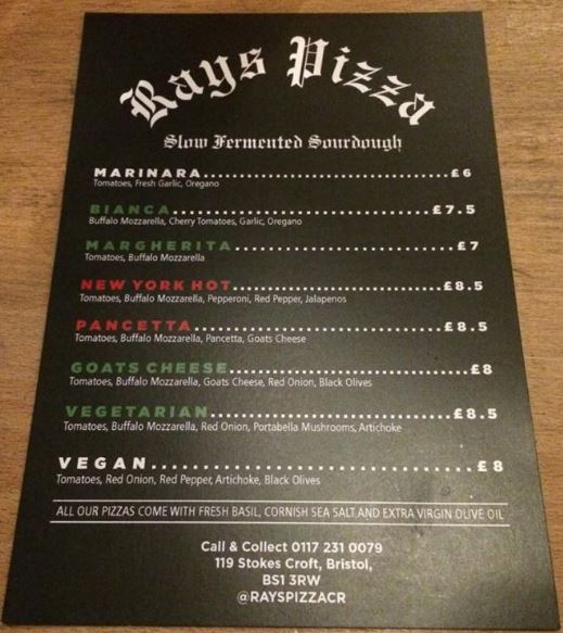The full pizza menu, cooked by Ray's Pizzas at The Crofters Rights.