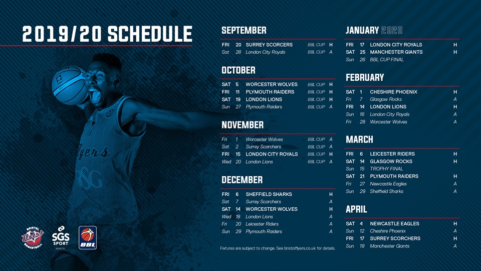 Bristol Flyers' 2019/20 schedule.