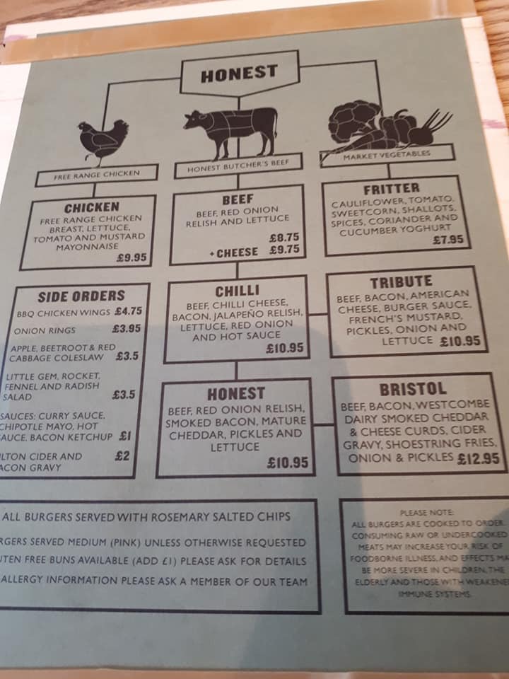 The full Honest Burgers menu.