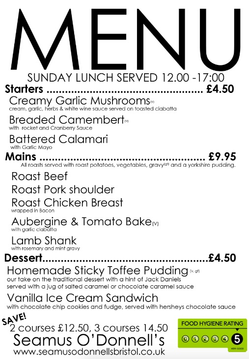 Sunday Roast in Bristol at Seamus O'Donnells