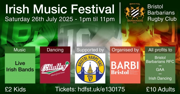 Irish Music Festival at Bristol Barbarians Rugby Club on Saturday 26 July 2025