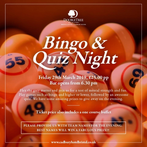 Bingo & Quiz Night at Cadbury House on Friday 29th March 2019